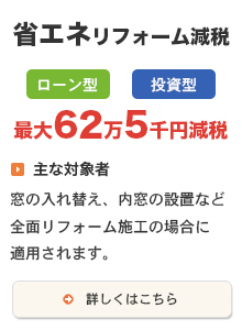省エネリフォーム減税　最大62万5千円減税　ローン型、投資型