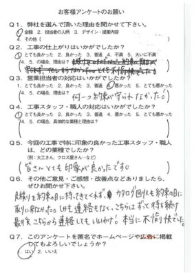 京都市伏見区H様よりアンケートのご返信いただきました！